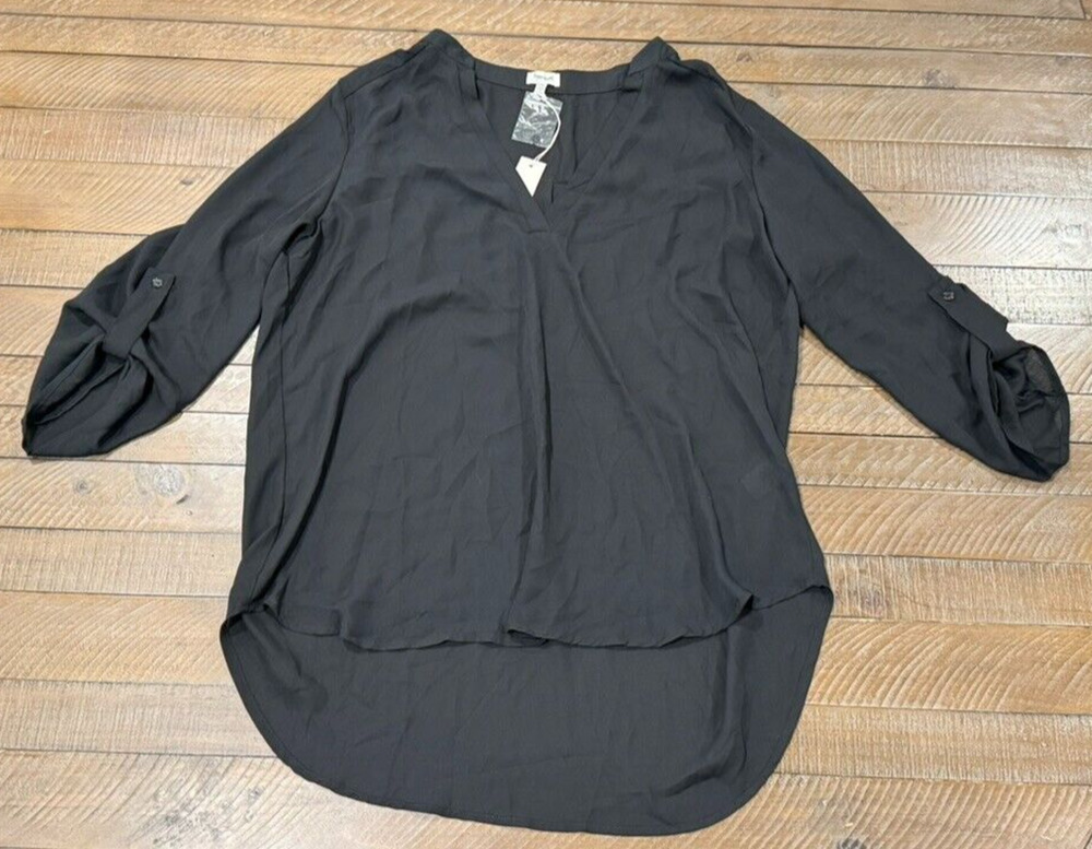 TEENBELL Black Tunic Blouse V-neck Band Collar 3/4 Sleeve Polyester - XXL